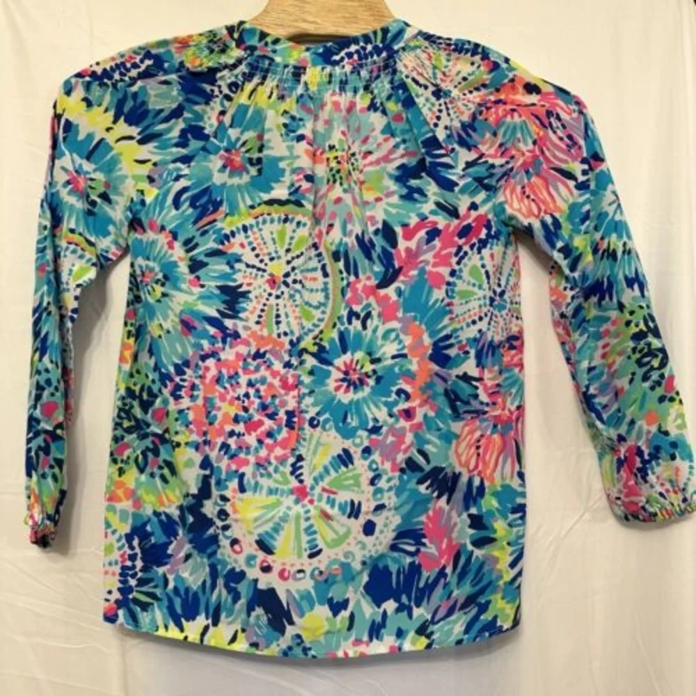 Lilly Pulitzer Blouse Womens S Silk Elsa Top Multi Dive In Floral Print Long Slv - Picture 3 of 6